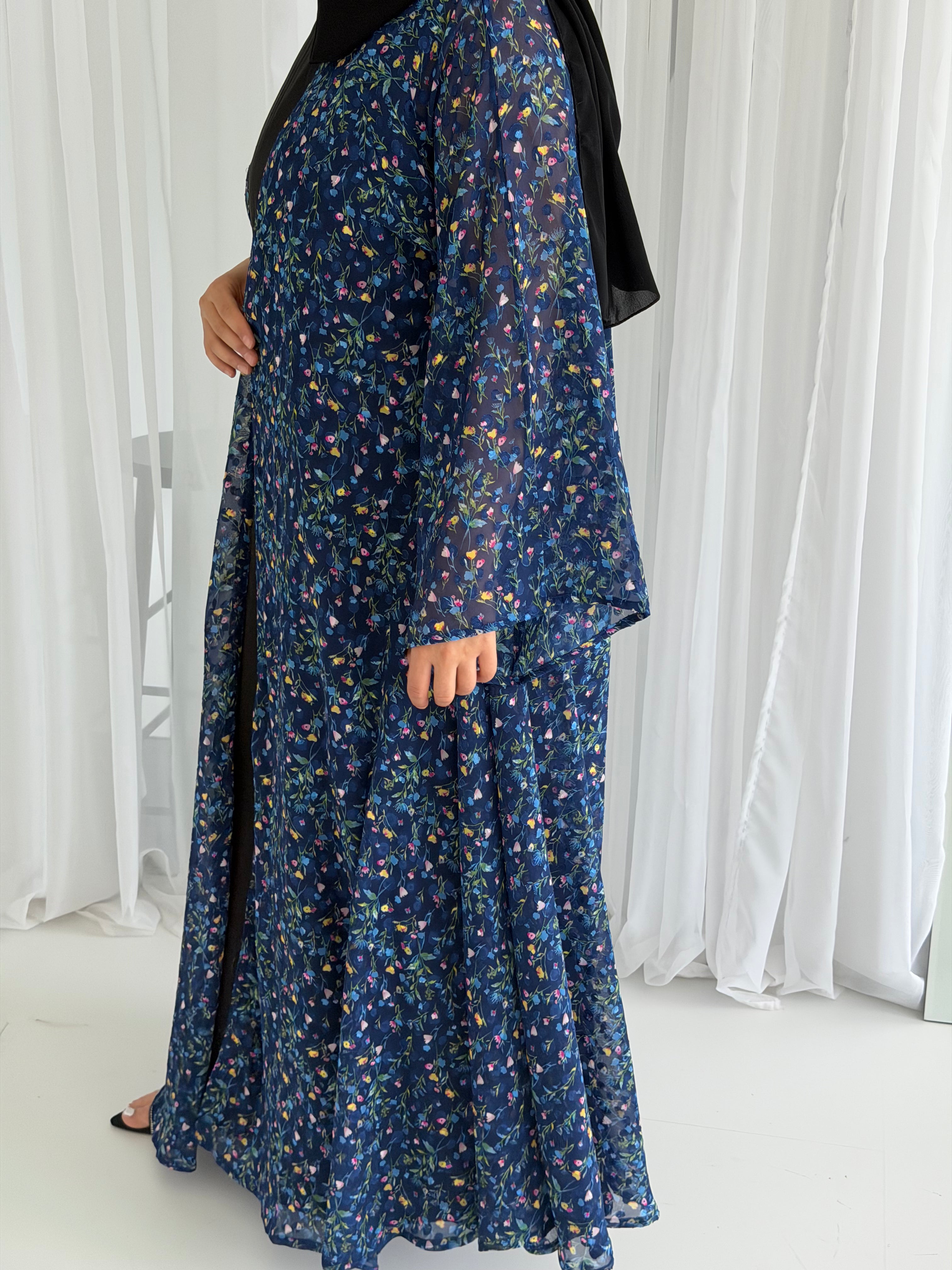 Chiffon Floral Blue Abaya